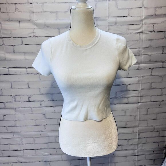 ZARA Ribbed Knit White Cropped Tee | Short Sleeve Minimalist Basic Top Size M - Picture 1 of 6